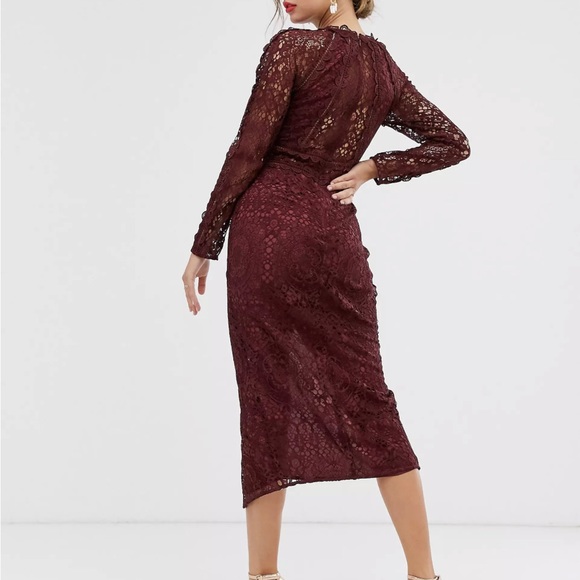 ASOS DESIGN long sleeve pencil dress in lace with geo lace trims - US 14 - Picture 3 of 11